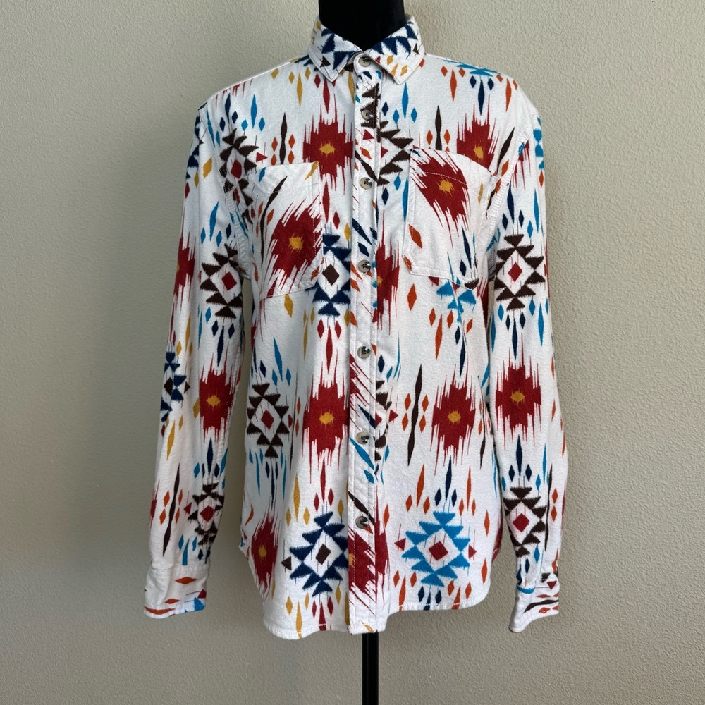 DRL top mens small long sleeve western tribal pattern button down shirt white